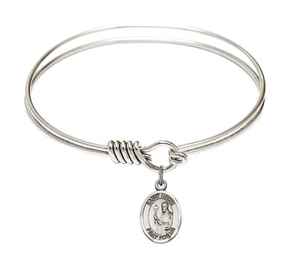 6 1/4 inch Round Eye Hook Rhodium Bangle Bracelet with a Sterling Silver Saint Regis charm. Engraved Catholic Saint Jewelry