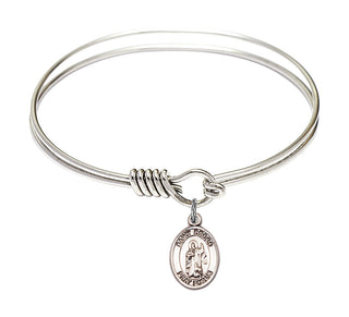 6 1/4 inch Round Eye Hook Rhodium Bangle Bracelet with a Sterling Silver Saint Drogo charm. Engraved Catholic Saint Jewelry