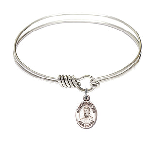 6 1/4 inch Round Eye Hook Rhodium Bangle Bracelet with a Sterling Silver Blessed Miguel Pro charm. Engraved Catholic Saint Jewelry