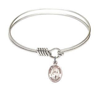 6 1/4 inch Round Eye Hook Rhodium Bangle Bracelet with a Sterling Silver Saint Jeanne Jugan charm. Engraved Catholic Saint Jewelry