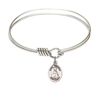 6 1/4 inch Round Eye Hook Rhodium Bangle Bracelet with a Sterling Silver Saint Winifred of Wales charm. Engraved Catholic Saint Jewelry