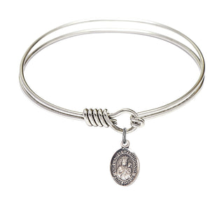 6 1/4 inch Round Eye Hook Rhodium Bangle Bracelet with a Sterling Silver Our Lady of Czestochowa charm.