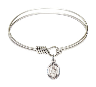 6 1/4 inch Round Eye Hook Rhodium Bangle Bracelet with a Sterling Silver Saint Lucy charm. Engraved Catholic Saint Jewelry