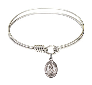 6 1/4 inch Round Eye Hook Rhodium Bangle Bracelet with a Sterling Silver Saint Andre Bessette charm. Engraved Catholic Saint Jewelry