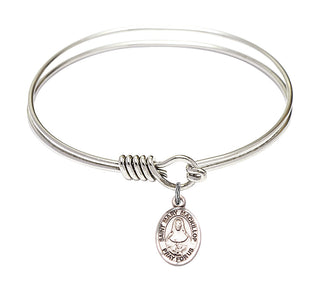 6 1/4 inch Round Eye Hook Rhodium Bangle Bracelet with a Sterling Silver Saint Mary Mackillop charm. Engraved Catholic Saint Jewelry