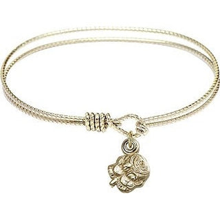 6 1/4 inch Oval Eye Hook Hamilton Gold Bangle Bracelet with a 14kt Gold Filled Rosebud charm.