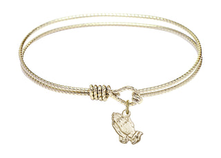 6 1/4 inch Oval Eye Hook Hamilton Gold Bangle Bracelet with a 14kt Gold Filled Praying Hands charm.