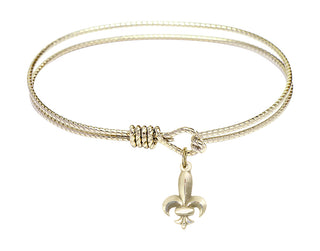 6 1/4 inch Oval Eye Hook Hamilton Gold Bangle Bracelet with a 14kt Gold Filled Fleur de Lis charm.