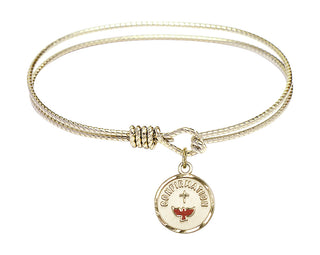 6 1/4 inch Oval Eye Hook Hamilton Gold Bangle Bracelet with a 14kt Gold Filled Confirmation charm. Engraved Catholic Saint Jewelry