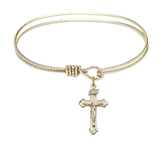 6 1/4 inch Oval Eye Hook Hamilton Gold Bangle Bracelet with a 14kt Gold Filled Crucifix charm.