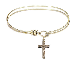 6 1/4 inch Oval Eye Hook Hamilton Gold Bangle Bracelet with a 14kt Gold Filled Crucifix charm.