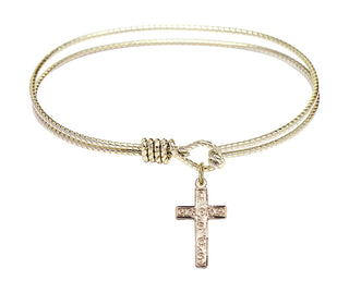 6 1/4 inch Oval Eye Hook Hamilton Gold Bangle Bracelet with a 14kt Gold Filled Cross charm.