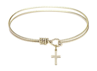 6 1/4 inch Oval Eye Hook Hamilton Gold Bangle Bracelet with a 14kt Gold Filled Cross charm.