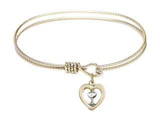 6 1/4 inch Oval Eye Hook Hamilton Gold Bangle Bracelet with a Two-Tone GF/SS Heart / Chalice charm.