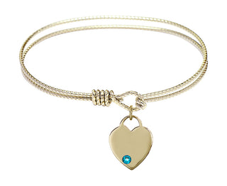 6 1/4 inch Oval Eye Hook Hamilton Gold Bangle Bracelet with a 14kt Gold Filled Heart charm. Engraved Catholic Saint Jewelry