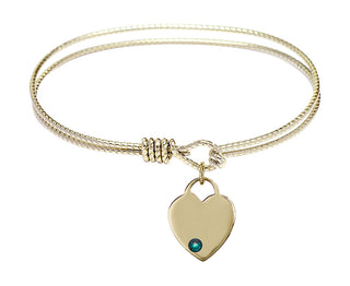6 1/4 inch Oval Eye Hook Hamilton Gold Bangle Bracelet with a 14kt Gold Filled Heart charm. Engraved Catholic Saint Jewelry