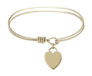 6 1/4 inch Oval Eye Hook Hamilton Gold Bangle Bracelet with a 14kt Gold Filled Heart charm. Engraved Catholic Saint Jewelry
