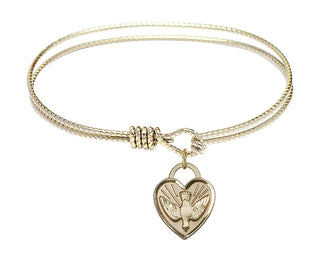6 1/4 inch Oval Eye Hook Hamilton Gold Bangle Bracelet with a 14kt Gold Filled Confirmation Heart charm. Engraved Catholic Saint Jewelry