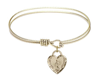 6 1/4 inch Oval Eye Hook Hamilton Gold Bangle Bracelet with a 14kt Gold Filled Our Lady of Guadalupe Heart charm.