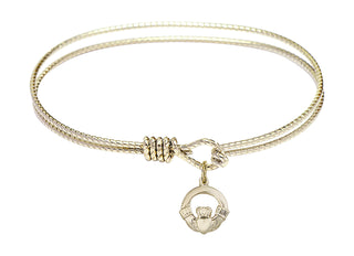 6 1/4 inch Oval Eye Hook Hamilton Gold Bangle Bracelet with a 14kt Gold Filled Claddagh charm.