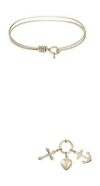 6 1/4 inch Oval Eye Hook Hamilton Gold Bangle Bracelet with a 14kt Gold Filled Cross Charm charm.
