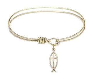 6 1/4 inch Oval Eye Hook Hamilton Gold Bangle Bracelet with a 14kt Gold Filled Fish / Cross charm.