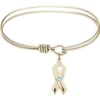 6 1/4 inch Oval Eye Hook Hamilton Gold Bangle Bracelet with a 14kt Gold Filled Cancer Awareness charm.