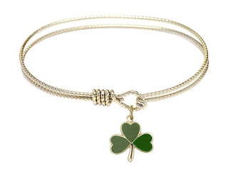6 1/4 inch Oval Eye Hook Hamilton Gold Bangle Bracelet with a 14kt Gold Filled Shamrock charm.