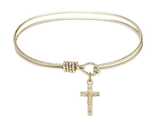 6 1/4 inch Oval Eye Hook Hamilton Gold Bangle Bracelet with a 14kt Gold Filled Crucifix charm.