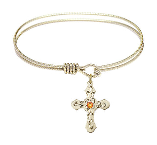 6 1/4 inch Oval Eye Hook Hamilton Gold Bangle Bracelet with a 14kt Gold Filled Cross charm. Engraved Catholic Saint Jewelry