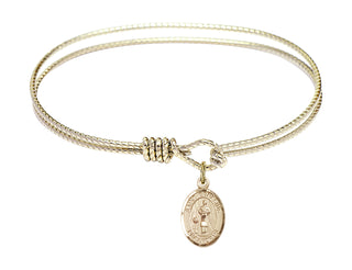 6 1/4 inch Oval Eye Hook Hamilton Gold Bangle Bracelet with a 14kt Gold Filled Saint Genesius of Rome charm. Engraved Catholic Saint Jewelry