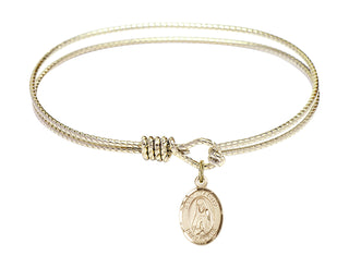 6 1/4 inch Oval Eye Hook Hamilton Gold Bangle Bracelet with a 14kt Gold Filled Saint Martha charm. Engraved Catholic Saint Jewelry