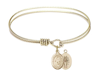 6 1/4 inch Oval Eye Hook Hamilton Gold Bangle Bracelet with a 14kt Gold Filled Miraculous charm. Engraved Catholic Saint Jewelry