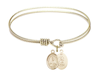 6 1/4 inch Oval Eye Hook Hamilton Gold Bangle Bracelet with a 14kt Gold Filled Scapular charm. Engraved Catholic Saint Jewelry
