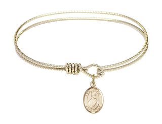 6 1/4 inch Oval Eye Hook Hamilton Gold Bangle Bracelet with a 14kt Gold Filled Saint Thomas the Apostle charm. Engraved Catholic Saint Jewelry