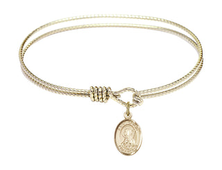 6 1/4 inch Oval Eye Hook Hamilton Gold Bangle Bracelet with a 14kt Gold Filled Saint Brigid of Ireland charm. Engraved Catholic Saint Jewelry