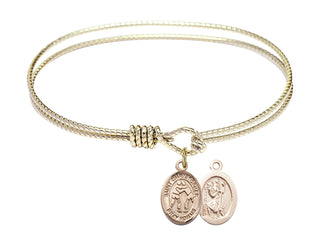 6 1/4 inch Oval Eye Hook Hamilton Gold Bangle Bracelet with a 14kt Gold Filled Saint Christopher/Wrestling charm.