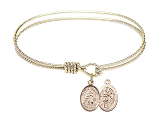 6 1/4 inch Oval Eye Hook Hamilton Gold Bangle Bracelet with a 14kt Gold Filled Saint Sebastian/Wrestling charm.