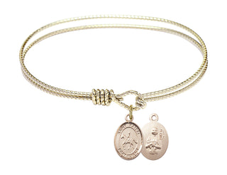 6 1/4 inch Oval Eye Hook Hamilton Gold Bangle Bracelet with a 14kt Gold Filled Saint Kateri/Equestrian charm.