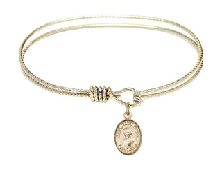 6 1/4 inch Oval Eye Hook Hamilton Gold Bangle Bracelet with a 14kt Gold Filled Saint John Neumann charm. Engraved Catholic Saint Jewelry