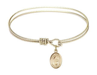 6 1/4 inch Oval Eye Hook Hamilton Gold Bangle Bracelet with a 14kt Gold Filled Saint Sharbel charm. Engraved Catholic Saint Jewelry