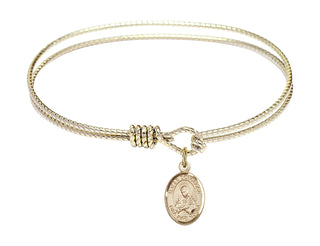 6 1/4 inch Oval Eye Hook Hamilton Gold Bangle Bracelet with a 14kt Gold Filled Mater Dolorosa charm. Engraved Catholic Saint Jewelry