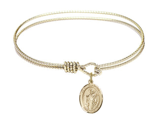 6 1/4 inch Oval Eye Hook Hamilton Gold Bangle Bracelet with a 14kt Gold Filled Saint Wolfgang charm. Engraved Catholic Saint Jewelry