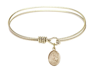 6 1/4 inch Oval Eye Hook Hamilton Gold Bangle Bracelet with a 14kt Gold Filled Saint Giles charm. Engraved Catholic Saint Jewelry