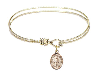 6 1/4 inch Oval Eye Hook Hamilton Gold Bangle Bracelet with a 14kt Gold Filled Saint Simon the Apostle charm. Engraved Catholic Saint Jewelry