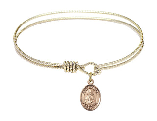 6 1/4 inch Oval Eye Hook Hamilton Gold Bangle Bracelet with a 14kt Gold Filled Saint Marina charm. Engraved Catholic Saint Jewelry