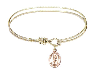 6 1/4 inch Oval Eye Hook Hamilton Gold Bangle Bracelet with a 14kt Gold Filled Blessed Miguel Pro charm. Engraved Catholic Saint Jewelry