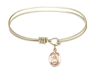 6 1/4 inch Oval Eye Hook Hamilton Gold Bangle Bracelet with a 14kt Gold Filled Saint Daria charm. Engraved Catholic Saint Jewelry