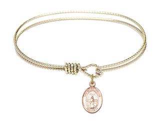 6 1/4 inch Oval Eye Hook Hamilton Gold Bangle Bracelet with a 14kt Gold Filled Saint Medard of Noyon charm. Engraved Catholic Saint Jewelry