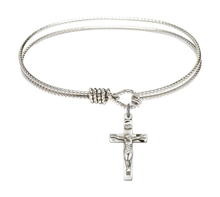6 1/4 inch Oval Eye Hook Rhodium Bangle Bracelet with a Sterling Silver Crucifix charm.